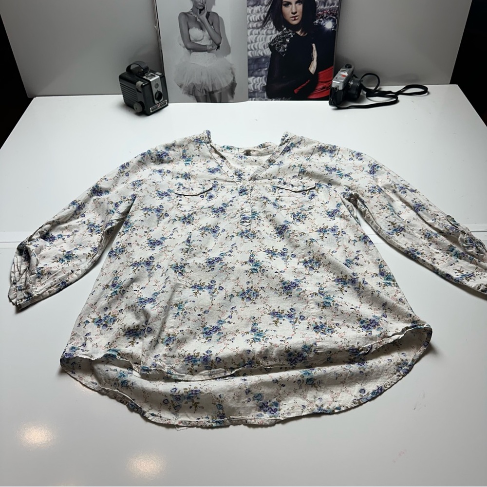 Eden & Olivia Floral Peasant Blouse Cottagecore Prairie Cotton Top Blue Cream XL - Picture 4 of 11